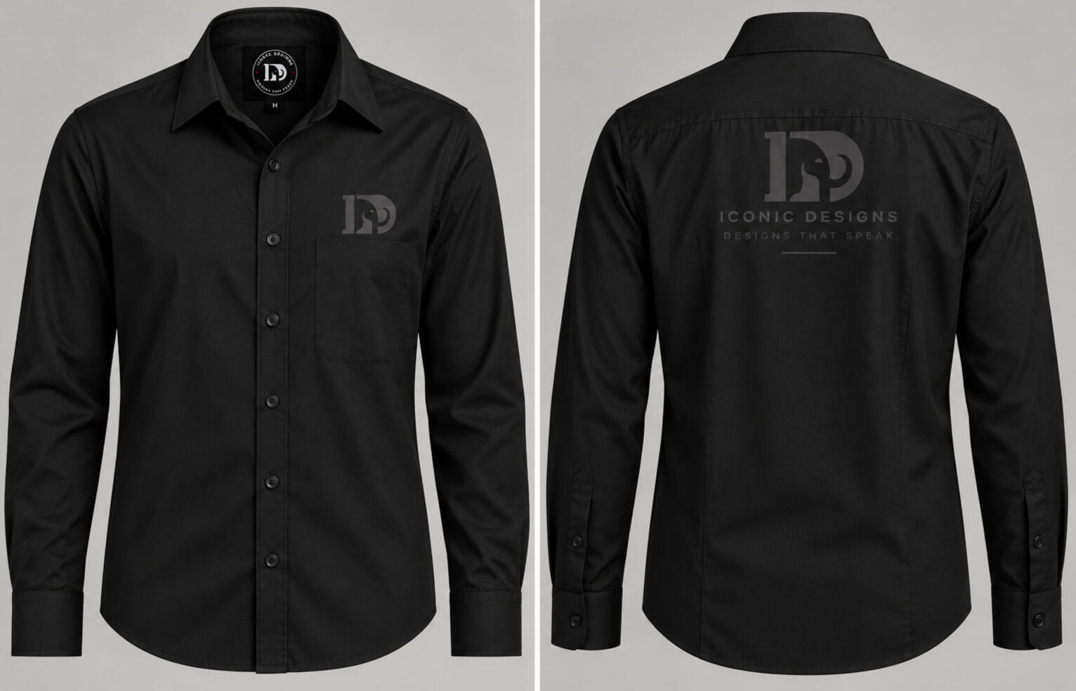 Front and back views of a black men’s button-up shirt featuring the Iconic Designs logo on the chest and branded design on the back.